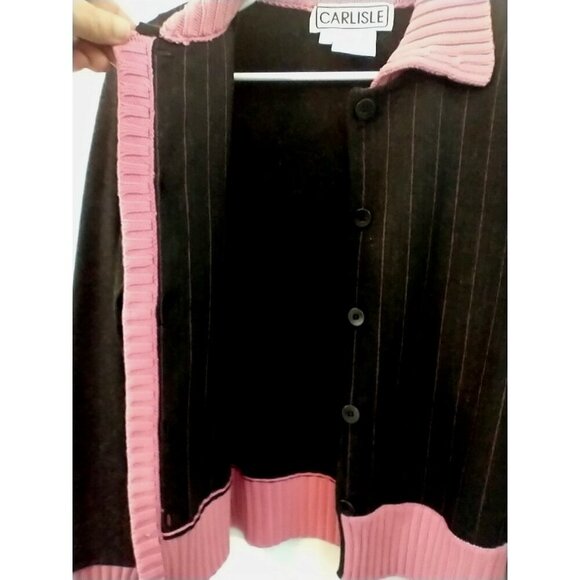 Carlisle Women's Cardigan Silk Cashmere Blend Gray Pink Pinstripe Sweater- Large - Picture 4 of 9